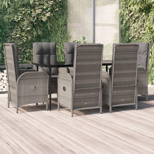 CINDERFUL Gartenmöbel Set 7-TLG. Garten-Essgruppe mit Kissen Schwarz und Grau Poly Rattan von CINDERFUL