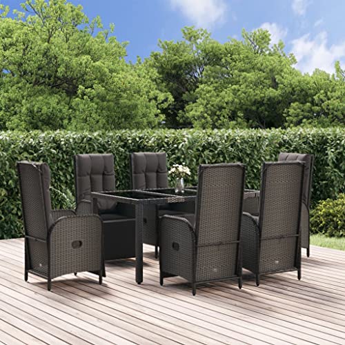 CINDERFUL Gartenmöbel Set 7-TLG. Garten-Essgruppe mit Kissen Schwarz und Grau Poly Rattan von CINDERFUL