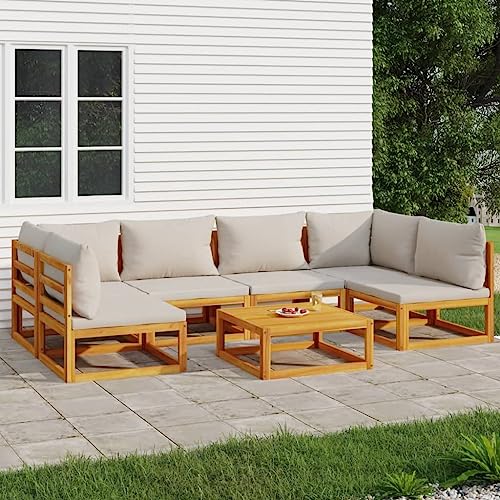 CINDERFUL Gartenmöbel Set 7-TLG. Garten-Lounge-Set mit Hellgrauen Kissen Massivholz von CINDERFUL