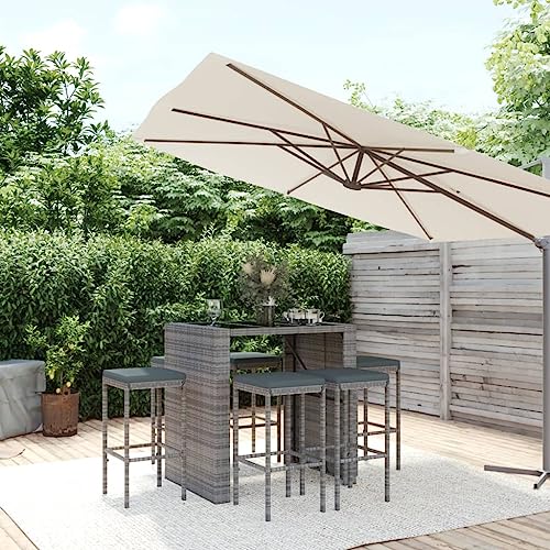 CINDERFUL Gartenmöbel Set 7-TLG. Gartenbar-Set mit Kissen Grau Poly Rattan von CINDERFUL