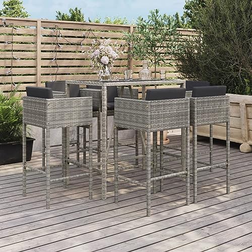 CINDERFUL Gartenmöbel Set 7-TLG. Gartenbar-Set mit Kissen Grau Poly Rattan von CINDERFUL