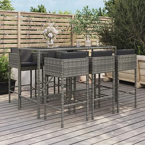 CINDERFUL Gartenmöbel Set 7-TLG. Gartenbar-Set mit Kissen Grau Poly Rattan von CINDERFUL