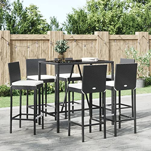 CINDERFUL Gartenmöbel Set 7-TLG. Gartenbar-Set mit Kissen Schwarz Poly Rattan von CINDERFUL