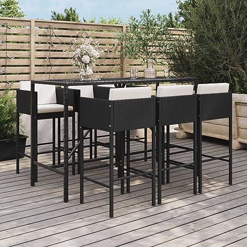 CINDERFUL Gartenmöbel Set 7-TLG. Gartenbar-Set mit Kissen Schwarz Poly Rattan von CINDERFUL