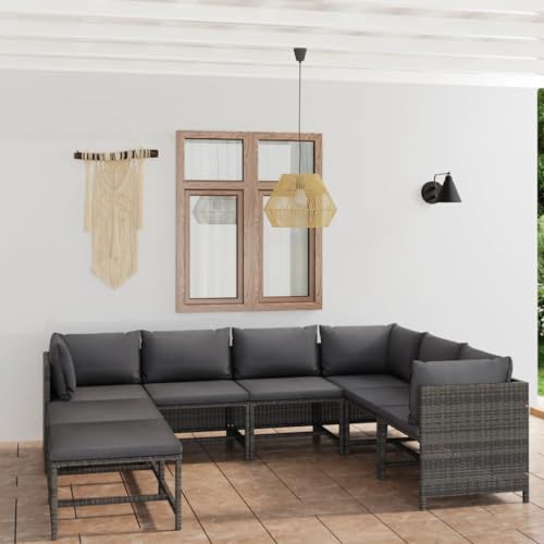 CINDERFUL Gartenmöbel Set 8-TLG. Garten-Lounge-Set mit Kissen Poly Rattan Grau von CINDERFUL