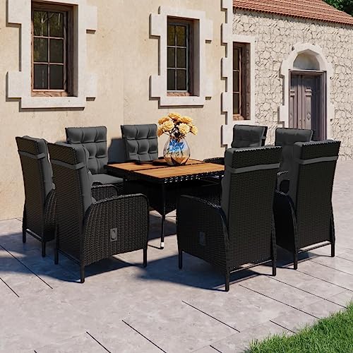 CINDERFUL Gartenmöbel Set 9-TLG. Garten-Essgruppe Poly Rattan und Akazienholz Schwarz von CINDERFUL