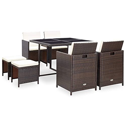 CINDERFUL Gartenmöbel Set 9-TLG. Garten-Essgruppe mit Auflagen Poly Rattan Braun von CINDERFUL