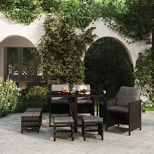 CINDERFUL Gartenmöbel Set 9-TLG. Garten-Essgruppe mit Auflagen Poly Rattan Schwarz von CINDERFUL
