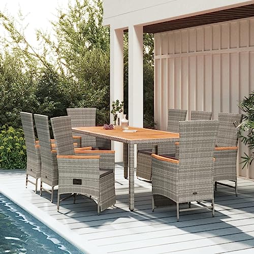 CINDERFUL Gartenmöbel Set 9-TLG. Garten-Essgruppe mit Kissen Grau Poly Rattan von CINDERFUL