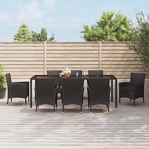 CINDERFUL Gartenmöbel Set 9-TLG. Garten-Essgruppe mit Kissen Schwarz Poly Rattan von CINDERFUL