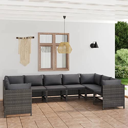 CINDERFUL Gartenmöbel Set 9-TLG. Garten-Lounge-Set mit Kissen Poly Rattan Grau von CINDERFUL