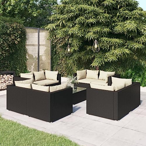 CINDERFUL Gartenmöbel Set 9-TLG. Garten-Lounge-Set mit Kissen Poly Rattan Schwarz von CINDERFUL