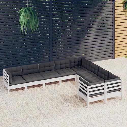 CINDERFUL Gartenmöbel Set 9-TLG. Garten-Lounge-Set mit Kissen Weiß Kiefernholz von CINDERFUL