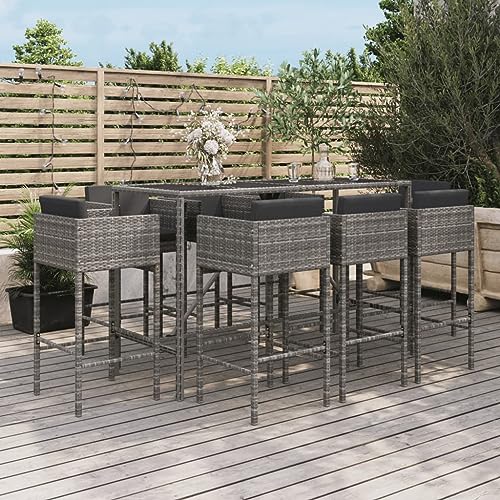 CINDERFUL Gartenmöbel Set 9-TLG. Gartenbar-Set mit Kissen Grau Poly Rattan von CINDERFUL