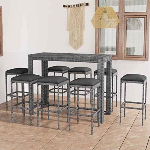 CINDERFUL Gartenmöbel Set 9-TLG. Gartenbar-Set mit Kissen Poly Rattan Grau von CINDERFUL