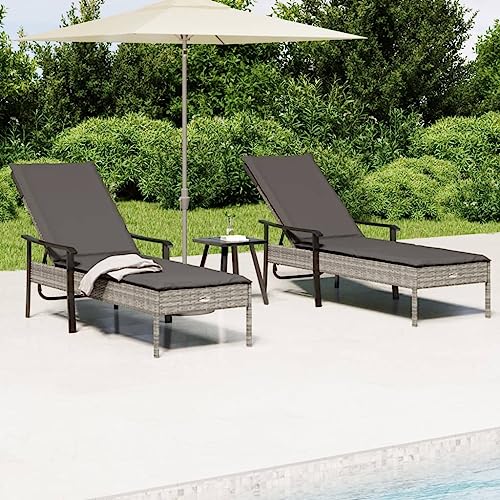 CINDERFUL Gartenmöbel Set Sonnenliegen 2 STK. mit Tisch und Auflagen Grau Poly Rattan von CINDERFUL