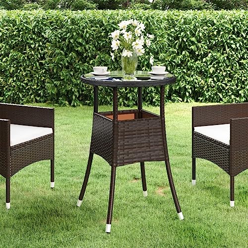 CINDERFUL Gartentisch Ø60x75 cm Hartglas und Poly Rattan Braun Gartenmöbel von CINDERFUL