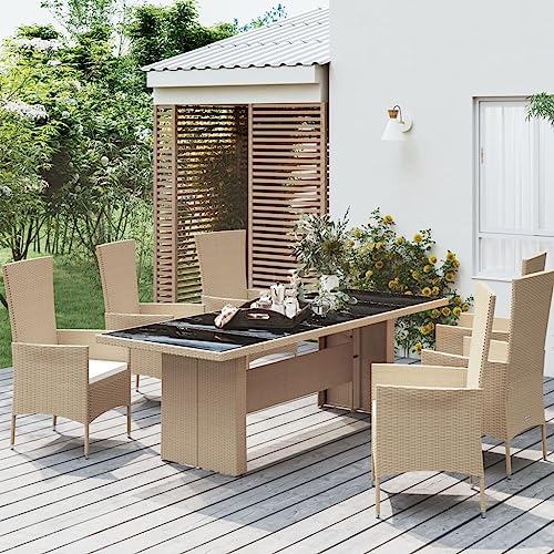 CINDERFUL Gartentisch mit Glasplatte Beige Poly Rattan & Hartglas Gartenmöbel von CINDERFUL