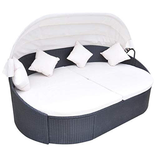 CINDERFUL Outdoor-Loungebett mit Dach Poly Rattan Schwarz Gartenmöbel von CINDERFUL