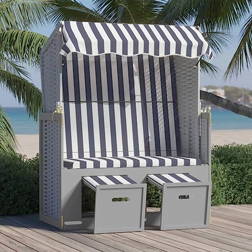 CINDERFUL Strandkorb mit Dach Poly Rattan und Massivholz Blau & Weiß Terrassen Sitzmöbel von CINDERFUL