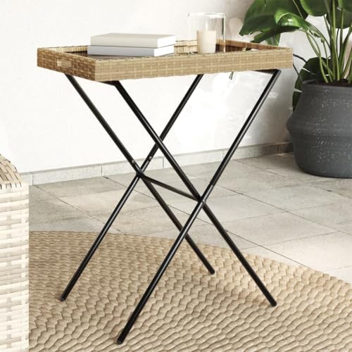 CINDERFUL Tabletttisch Klappbar Beige 65x40x75 cm Poly Rattan Gartenmöbel von CINDERFUL