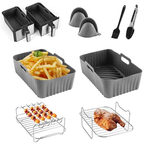 CINEMON 8-Stück Airfryer Zubehör Set, Silikonform für Zubehör Heißluftfritteuse für Ninja AF300EU / AF400EU und Anderen Dual Zone Heißluftfritteuse mit 100Pcs Backpapier etc (8-Stück, Grau) von CINEMON