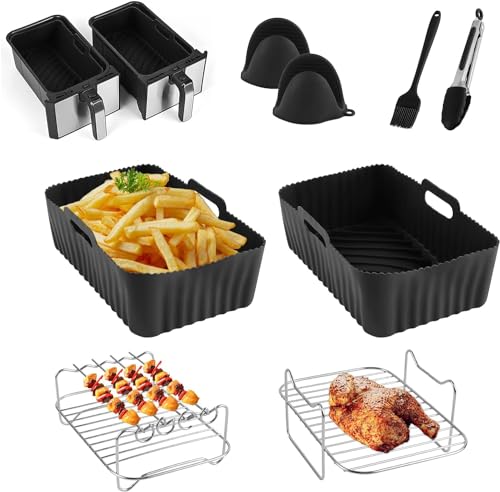 CINEMON Heißluftfritteusen Zubehör, Silikonform für Heißluftfritteuse für Ninja AF300EU/ AF400EU, Dual Airfryer Zubehör mit Heißluftfritteuse Grillpfanne, Backpapier etc (8-Stück, Schwarz) von CINEMON