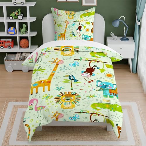 CINYE Kinder Bettwäsche 135×200 cm Safari Tiere Bettwäsche Set FüR Jungs Und Mädchen Mit 1 Kissenbezug 80×80 cm 3D Gedruckt Muster Mikrofaser Grün von CINYE