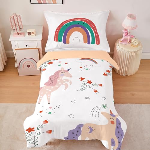 CINYE Kinder Mädchen Kawaii Einhorn Bettwäsche 120x150cm Wendebettwäsche Mit 40×60cm Kissenbezug 3D Gedruckt Blumen Regenbogen Muster 100% Microfaser Bunt Bettwäsche Mit Reißverschluss von CINYE