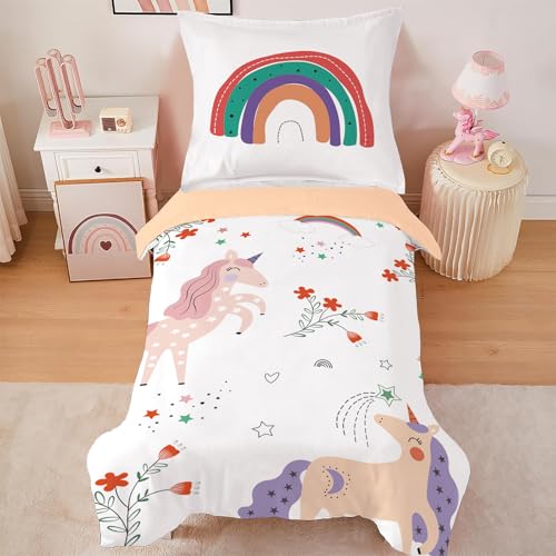 CINYE Einhorn Bettwäsche 135x200 cm FüR Kinder Mädchen Bettbezug 1 Kissenbezug 80×80 cm 3D Gedruckt Regenbogen Blumen Muster Microfaser von CINYE
