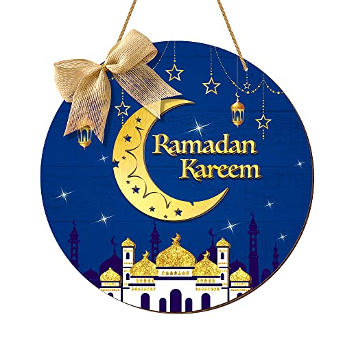 Ramadan Kareem Holzschild zum Aufhängen, 3D rundes Eid Mubarak Holz Hängende Plakette Kranz Mond Ornament Wand Fenster Veranda Dekor mit Schleife Blau von CIOEY