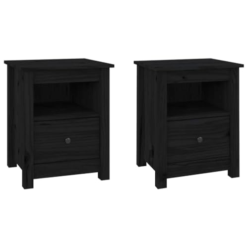 CIOURSTO Nachttisch 2er Set Nachtschrank mit 1 Schubladen Nachtkästchen Viel Stauraum Nachtkommode-Holzplatten & Kiefernholz fürs Wohnzimmer/Schlafzimmer 40 * 35 * 49cm (schwarz) von CIOURSTO