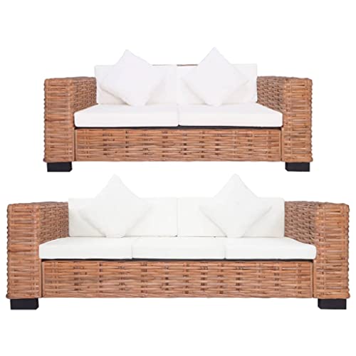 CIOURSTO Sofa 3-Sitzer, Natürliches Rattan Loungesofa, Rattansofa mit Sitz- & Rückenpolster und Kissen, Couch Sitzmöbel (2-Seater + 3-Seater) von CIOURSTO