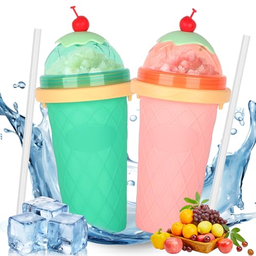 2er Set DIY Slush Becher, Silikon Squeeze Cup mit 2-in-1 Strohhalm und Löffel, Slush Eis Becher zum Kneten Smoothie Pinch Ice Cup, DIY Slushy Maker Cup, Smoothie Becher Slushie Becher von CIOXSOIO
