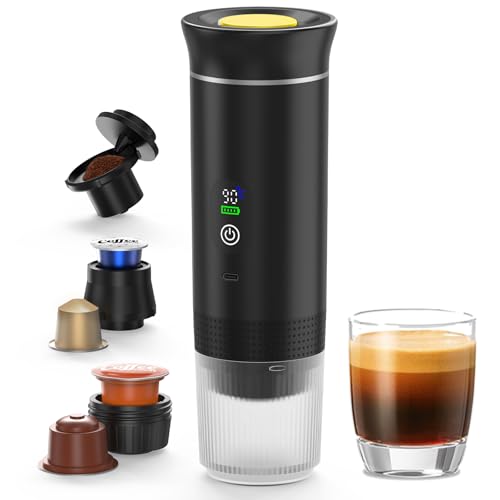 3-in-1 Kapsel Kaffeemaschine Akku, Tragbare Espressomaschine mit Display, Kompatibel mit Nespresso Kapseln & Kaffeepulver, Kalter & Heißer, Wiederaufladbare Camping Kaffeemaschine für Reisen Auto von CIOXSOIO
