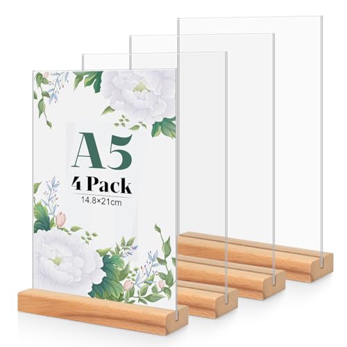 4 Stück Tischaufsteller A5, Holz T Form Acryl Ständer Preisschilder Aufsteller Tischständer für Prospekte Menükarte Werbung Fotorahmen, Kunststoff Foto Bilderrahmen mit Holzfuß für Haus, Büro, Laden 4 Stück Tischaufsteller A5, Holz T Form Acryl Ständer Preisschilder Aufsteller Tischständer für Prospekte Menükarte Werbung Fotorahmen, Kunststoff Foto Bilderrahmen mit Holzfuß für Haus, Büro, Laden von CIOXSOIO
