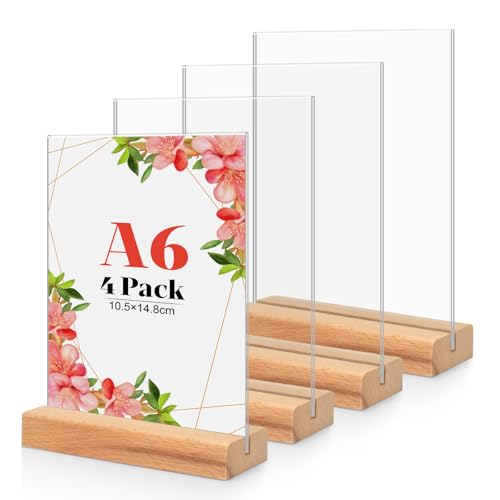 4 Stück Tischaufsteller A6, Holz T Form Acryl Ständer Preisschilder Aufsteller Tischständer für Prospekte Menükarte Werbung Fotorahmen, Kunststoff Foto Bilderrahmen mit Holzfuß für Haus, Büro, Laden 4 Stück Tischaufsteller A6, Holz T Form Acryl Ständer Preisschilder Aufsteller Tischständer für Prospekte Menükarte Werbung Fotorahmen, Kunststoff Foto Bilderrahmen mit Holzfuß für Haus, Büro, Laden von CIOXSOIO