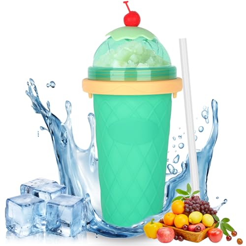 CIOXSOIO DIY Slush Becher, Silikon Squeeze Cup mit 2-in-1 Strohhalm und Löffel, Slush Eis Becher zum Kneten Smoothie Pinch Ice Cup, DIY Slushy Maker Cups, Hellgrün von CIOXSOIO
