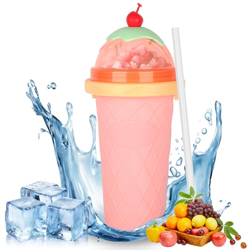 DIY Slush Becher, Silikon Squeeze Cup mit 2-in-1 Strohhalm und Löffel, Slush Eis Becher zum Kneten Smoothie Pinch Ice Cup, DIY Slushy Maker Cup, Smoothie Becher Slushie Becher, Rosa von CIOXSOIO