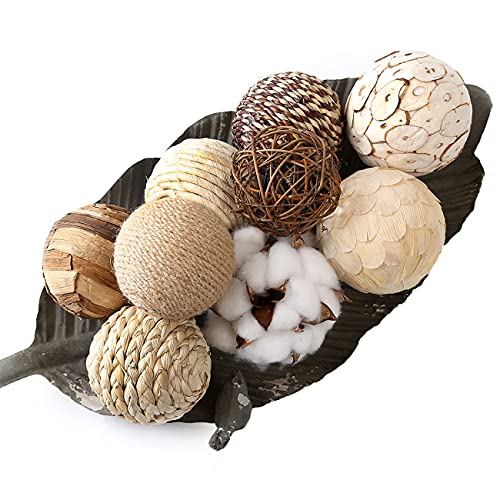 CIR OASES Multi-Material tri-Color Decorative Ball 9 Balls, Natural Rattan Weaving Ball, Cotton Ball, Used for vase Bowl Filling, Table Decoration (grün) von CIR OASES
