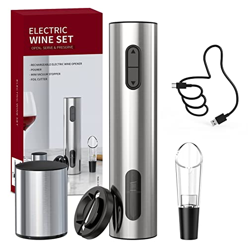 CIRCLE JOY 4-in-1 Elektrischer Korkenzieher, Wiederaufladbarer Edelstahl Weinflaschenöffner Set mit Folienschneider, Weinausgießer und Vakuumstopfen für Weinliebhaber von CIRCLE JOY