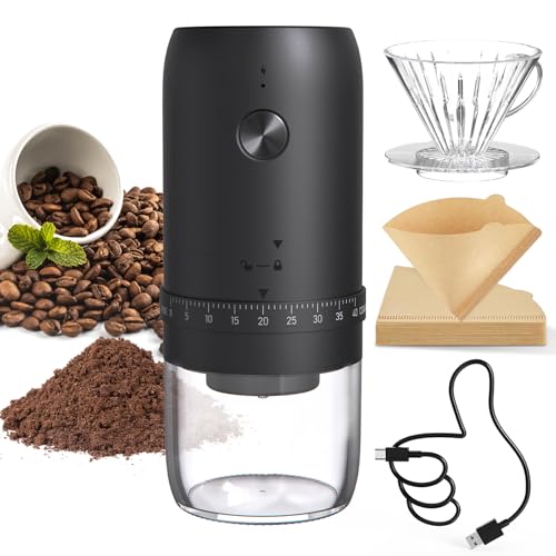 CIRCLE JOY Elektrische Kaffeemühle Kegelmahlwerk Wiederaufladbar mit Niedriger Drehzahl und Hitzebeständigem Keramikkern, Externer Grobkörnigkeitseinstellung, Kaffeefilter und 50 Stück Papierfilter von CIRCLE JOY