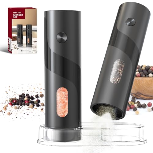 CIRCLE JOY Elektrische Salz- und Pfeffermühle Set Batteriebetriebene Salz- und Pfeffermühlen mit Sockel, Einstellbarer Grobheit, 120ml Behälter und Weißem LED-Licht, Schwarz von CIRCLE JOY
