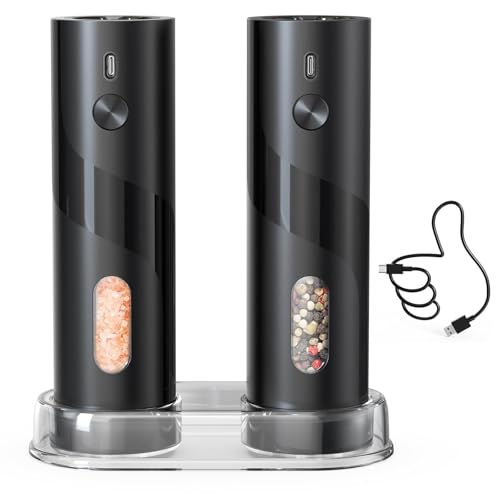 CIRCLE JOY Elektrische Salz und Pfeffermühle Set Wiederaufladbare Salz und Pfeffermühle mit Sockel, Einstellbarer Grobheit, 110ml Behälter und Weißem LED-Licht, Schwarz von CIRCLE JOY