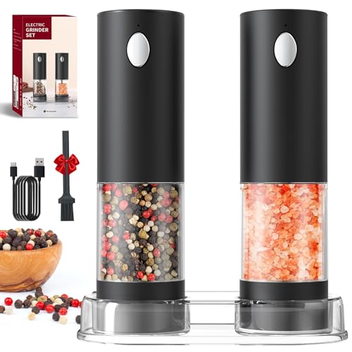 CIRCLE JOY Salz und Pfeffermühlen Elektrisch 2er Set mit Sockel, Wiederaufladbare Gewürzmühlen mit 95ml Transparenter Behälter, Weißem LED-Licht und Einstellbarer Grobheit, Schwarz von CIRCLE JOY