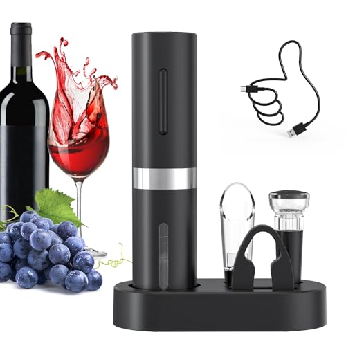 CIRCLE JOY Elektrischer Weinöffner-Set, Wiederaufladbares 5-in-1 Weinöffner-Geschenkset mit Ladestation, Folienschneider, Weinausgießer und Vakuum-Weinstopfen von CIRCLE JOY