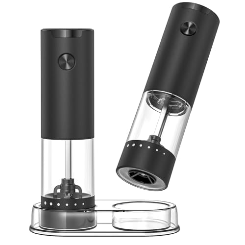 CIRCLE JOY Elektrisches Salz und Pfeffermühlen Set Akkubetriebenes Gewürzmühlen mit Sockel, Waschbarem 95ml Transparenter Behälter, Weißem LED-Licht und Einstellbarer Grobheit, Schwarz von CIRCLE JOY