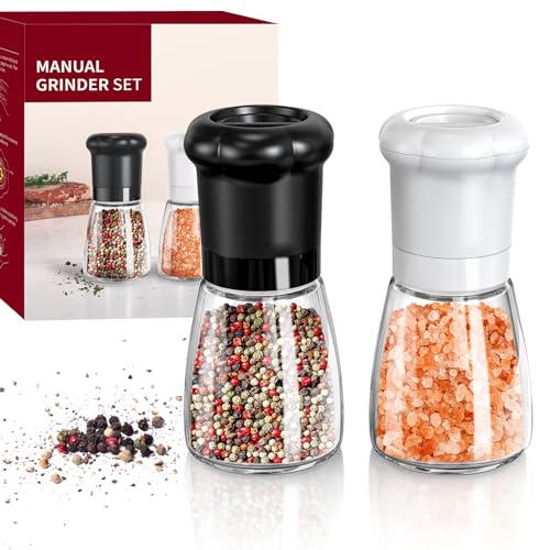 CIRCLE JOY Manuelles Salz und Pfeffermühlen Set für Profiköche, Nachfüllbare Salz und Pfefferstreuer mit Keramikklingen, Einstellbarer Grobheit und BPA-freiem 180ml Glasbehälter, Kurz Schwarz Weiß von CIRCLE JOY