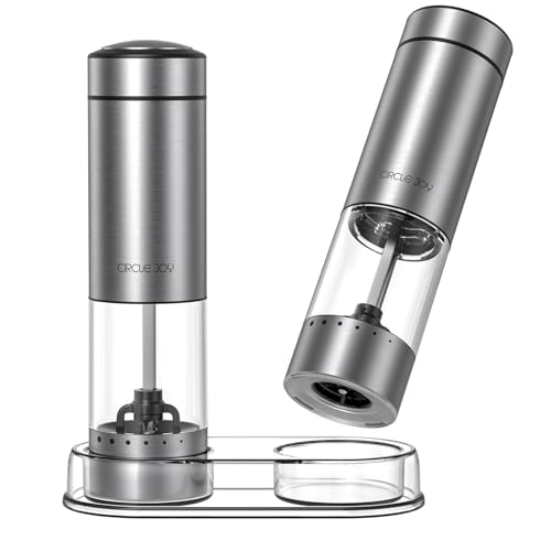 CIRCLE JOY Salz und Pfeffermühle Elektrisch Akkubetriebenes Gewürzmühlen aus Edelstahl mit Sockel, Waschbarem 95ml Transparenter Behälter, Weißem LED-Licht und Einstellbarer Grobheit, Silber von CIRCLE JOY