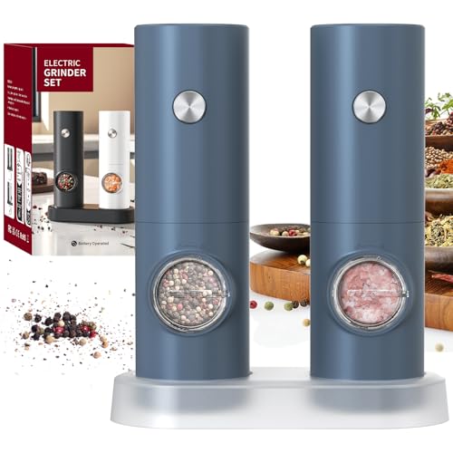 CIRCLE JOY Salz und Pfeffermühlen Elektrische 2er Set Batteriebetriebenen Gewürzmühle mit Basis, Weißem LED-Licht und Einstellbarer Grobheit, Blau von CIRCLE JOY
